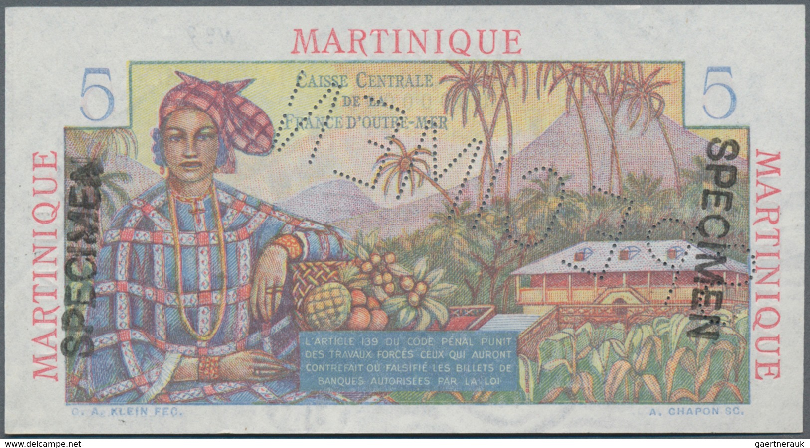 Martinique:  Caisse Centrale De La France D'Outre-Mer 5 Francs ND(1947-49) SPECIMEN, P.27s With Zero - Otros & Sin Clasificación