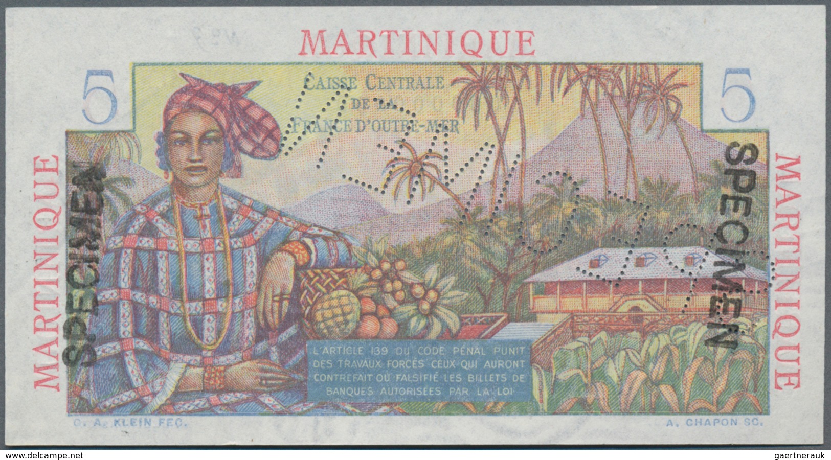 Martinique:  Caisse Centrale De La France D'Outre-Mer 5 Francs ND(1947-49) SPECIMEN, P.27s With Zero - Andere & Zonder Classificatie