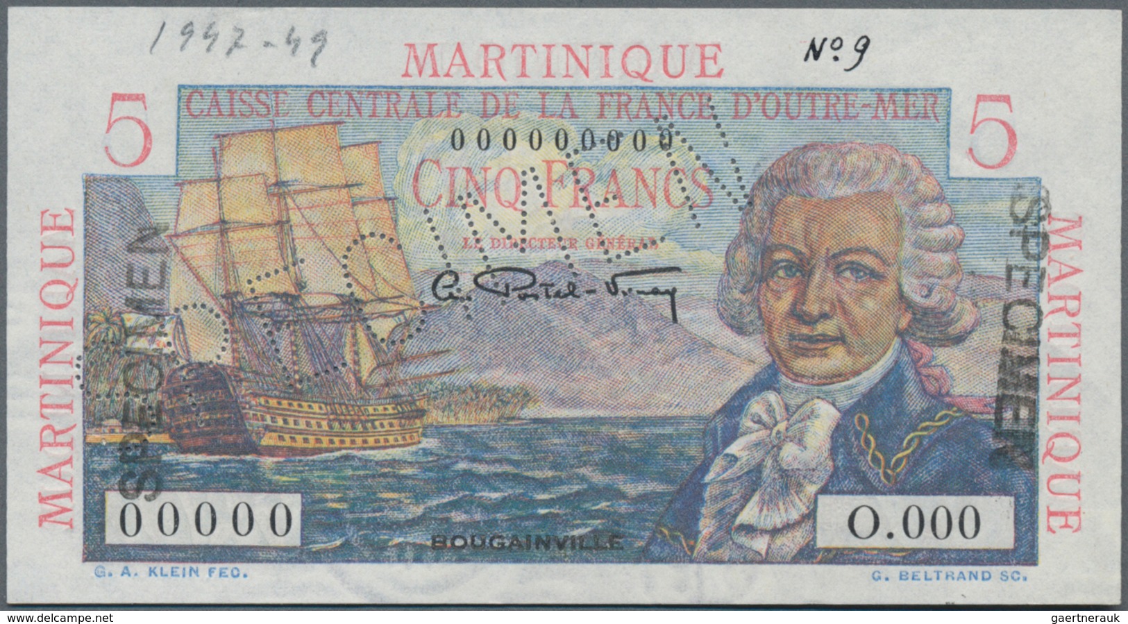 Martinique:  Caisse Centrale De La France D'Outre-Mer 5 Francs ND(1947-49) SPECIMEN, P.27s With Zero - Sonstige & Ohne Zuordnung