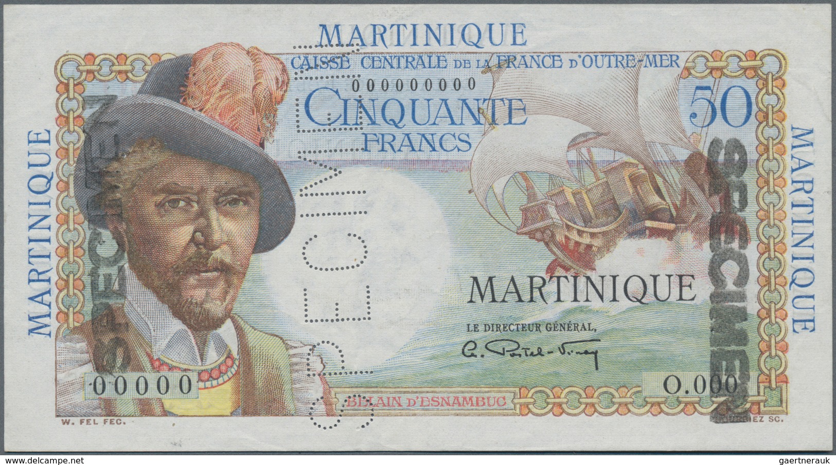 Martinique:  Caisse Centrale De La France D'Outre-Mer 50 Francs ND(1947-49) SPECIMEN, P.30s With Zer - Sonstige & Ohne Zuordnung