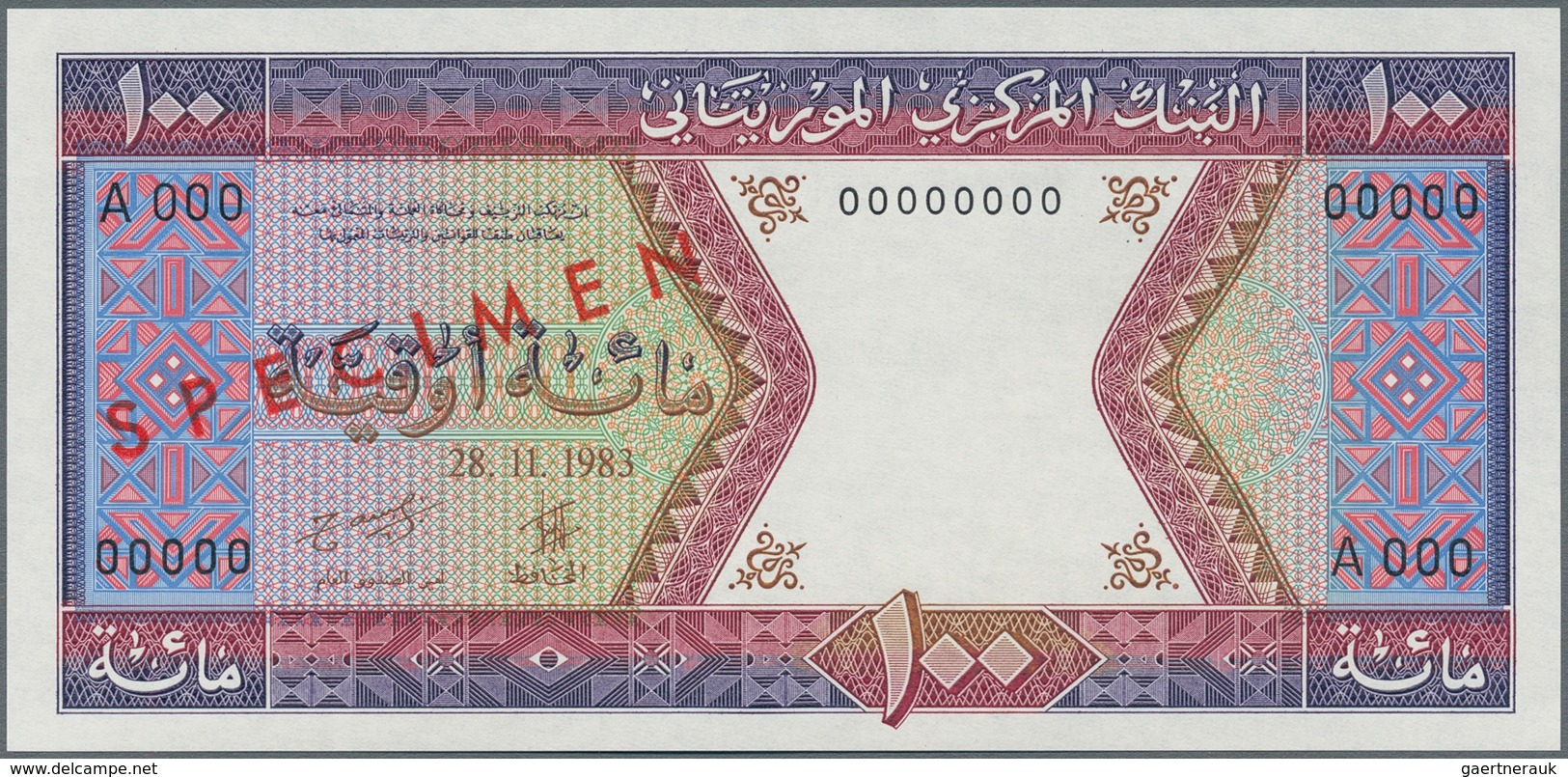 Mauritania / Mauretanien: 100 Ouguiya 1983 Front And Reverse Specimen With Red Overprint "SPECIMEN" - Mauritanien