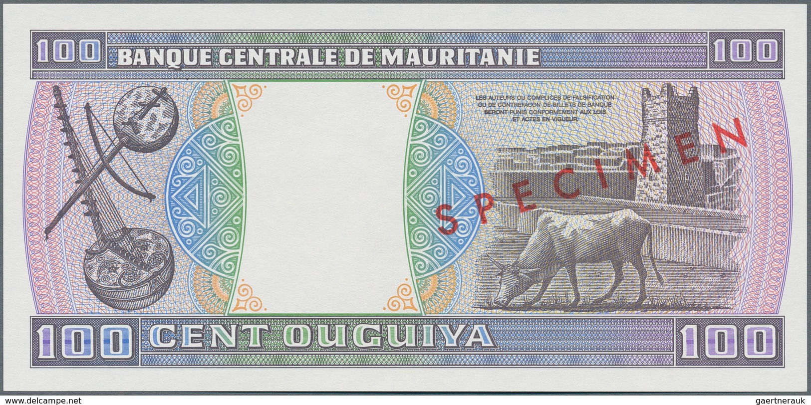 Mauritania / Mauretanien: 100 Ouguiya 1983 Front And Reverse Specimen With Red Overprint "SPECIMEN" - Mauritanië