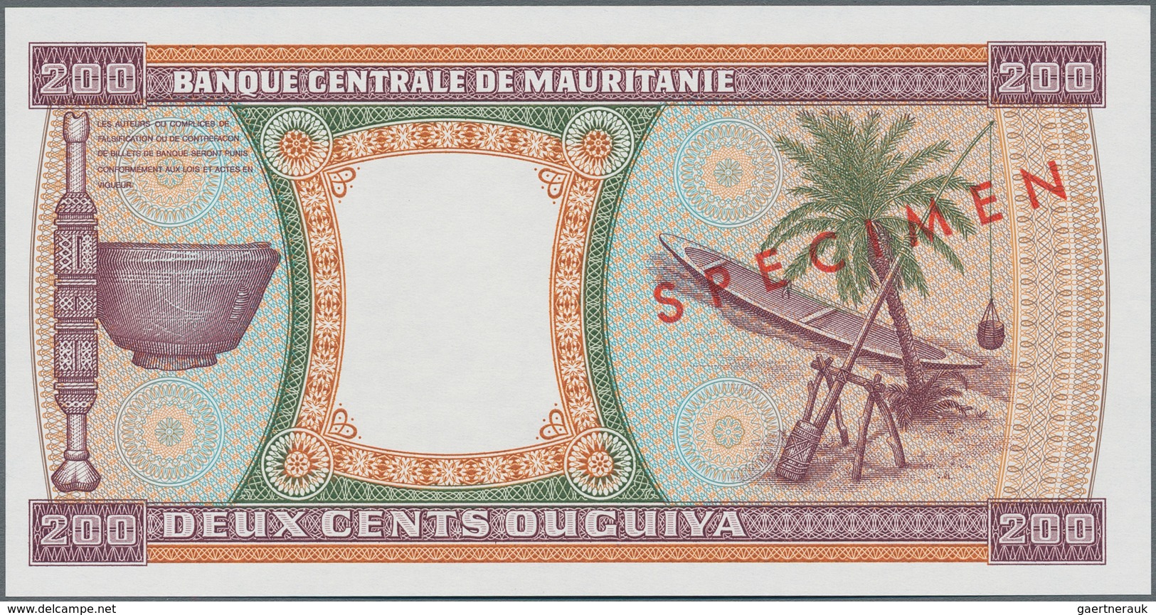 Mauritania / Mauretanien: 200 Ouguiya 1985 Front And Reverse Specimen With Red Overprint "SPECIMEN" - Mauritania
