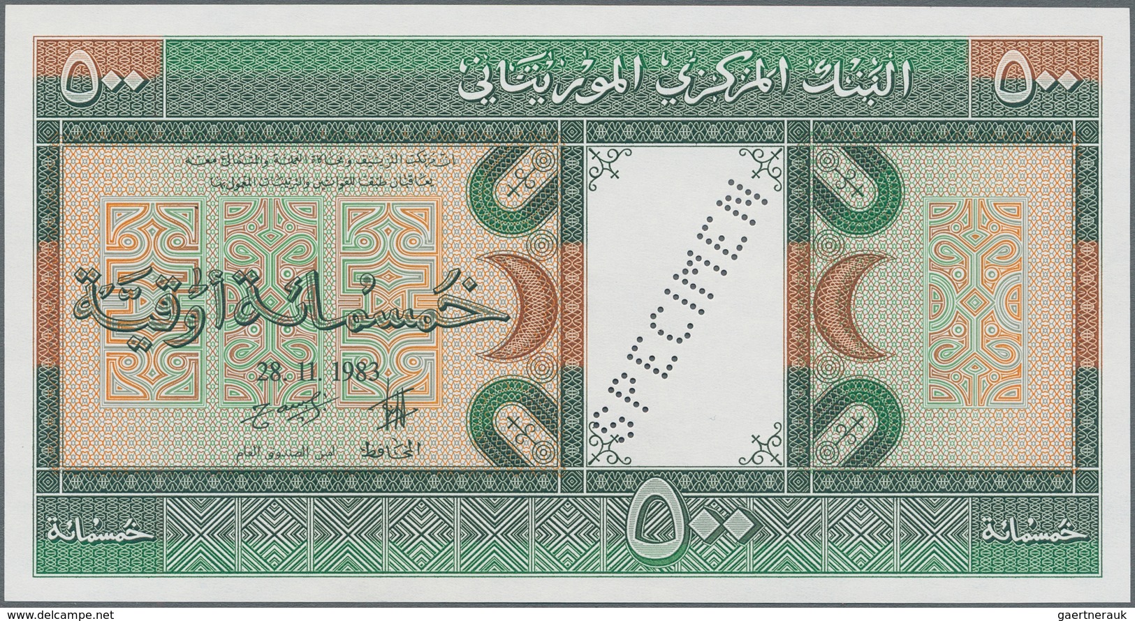 Mauritania / Mauretanien: 500 Ouguiya 1983 Front And Reverse Specimen With Perforation / Red Overpri - Mauritania