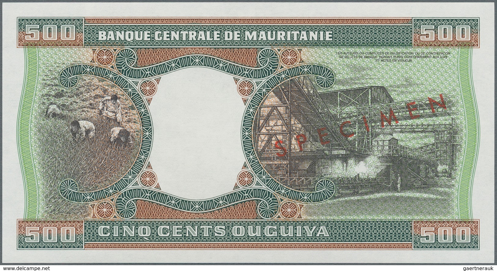 Mauritania / Mauretanien: 500 Ouguiya 1983 Front And Reverse Specimen With Perforation / Red Overpri - Mauritanië