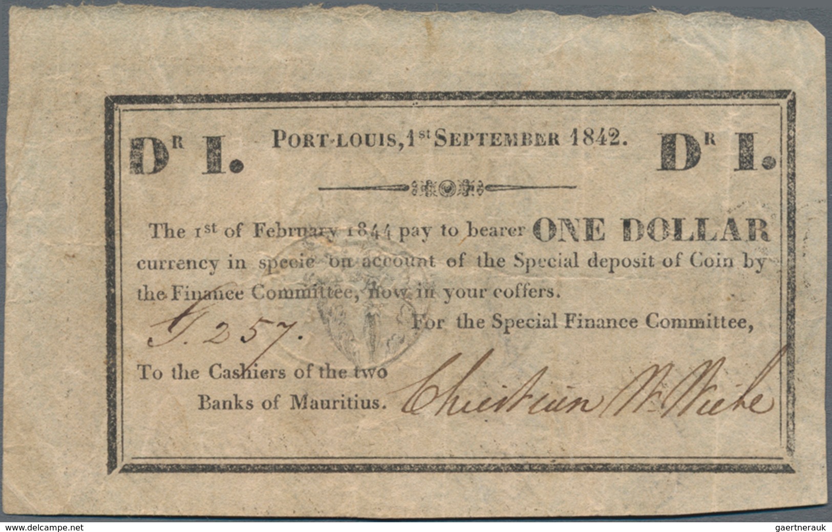 Mauritius: Special Finance Committee 1 Dollar 01.09.1842 / 01.02.1844, P.1F, Excellent Condition Wit - Mauritius