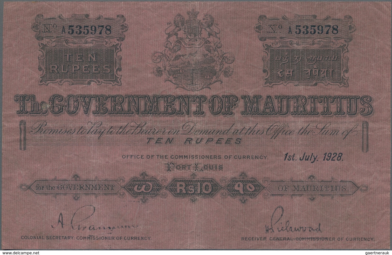 Mauritius: The Government Of Mauritius 10 Rupees July 1st 1928, P.17, Still Nice With Crisp Paper An - Mauritius