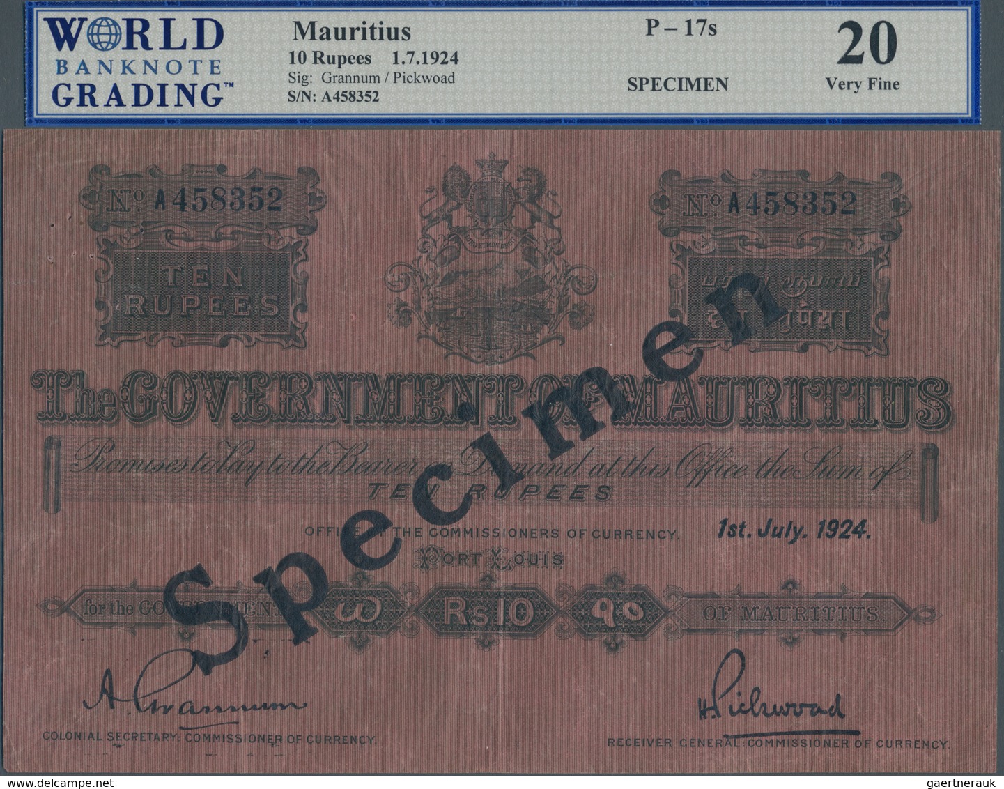 Mauritius: The Government Of Mauritius 10 Rupees 1924 SPECIMEN, P.17s, Great Condition For This Larg - Mauritius