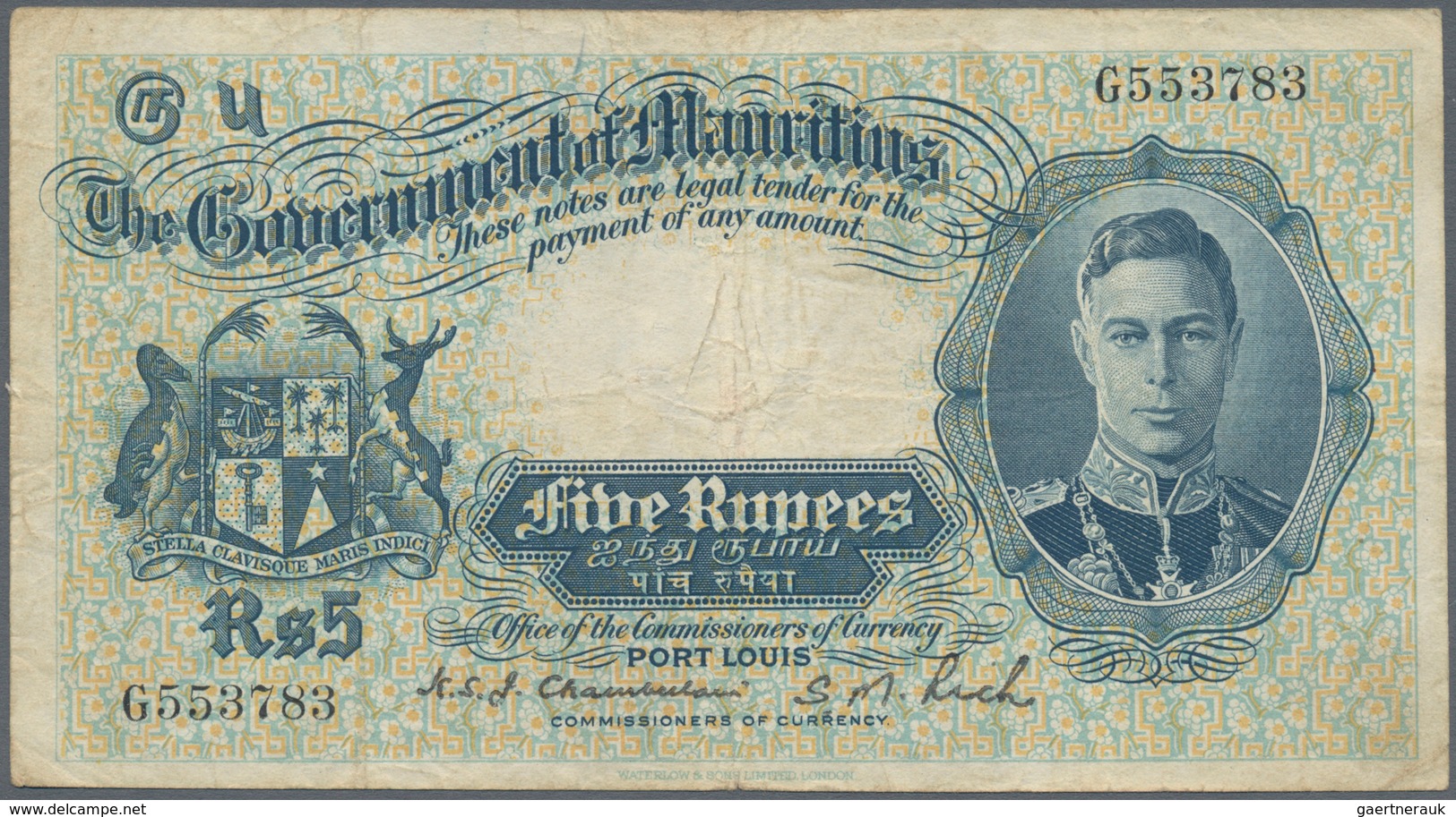 Mauritius: 5 Rupees ND(1937) P. 22, Portait KGVI, Used With Folds And Creases, Light Stain In Paper, - Mauricio