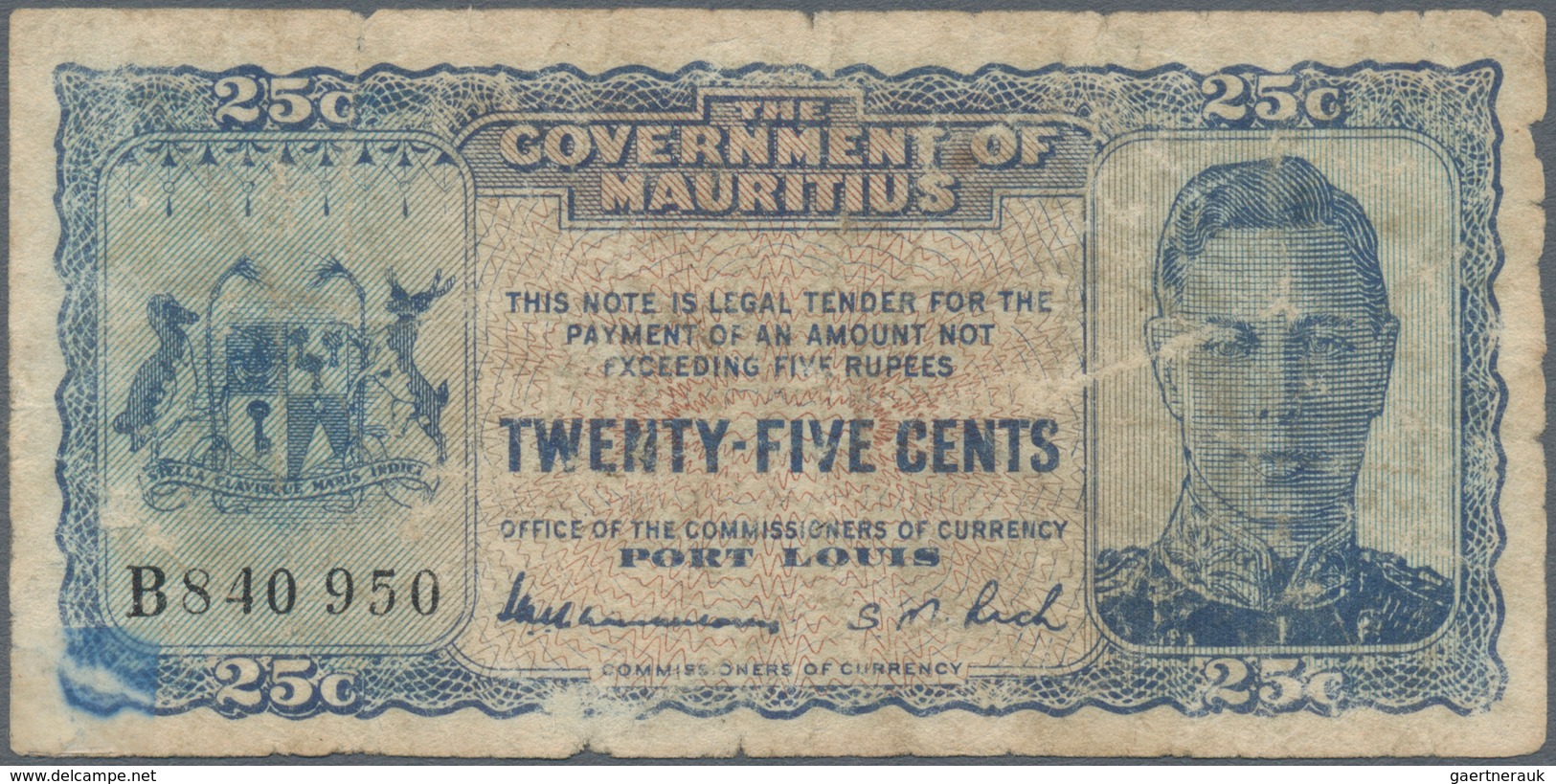 Mauritius: 25 Cents ND(1940) P. 24c, Used With Folds, Borders A Bit Worn, Minor Holes, No Repairs, N - Mauricio