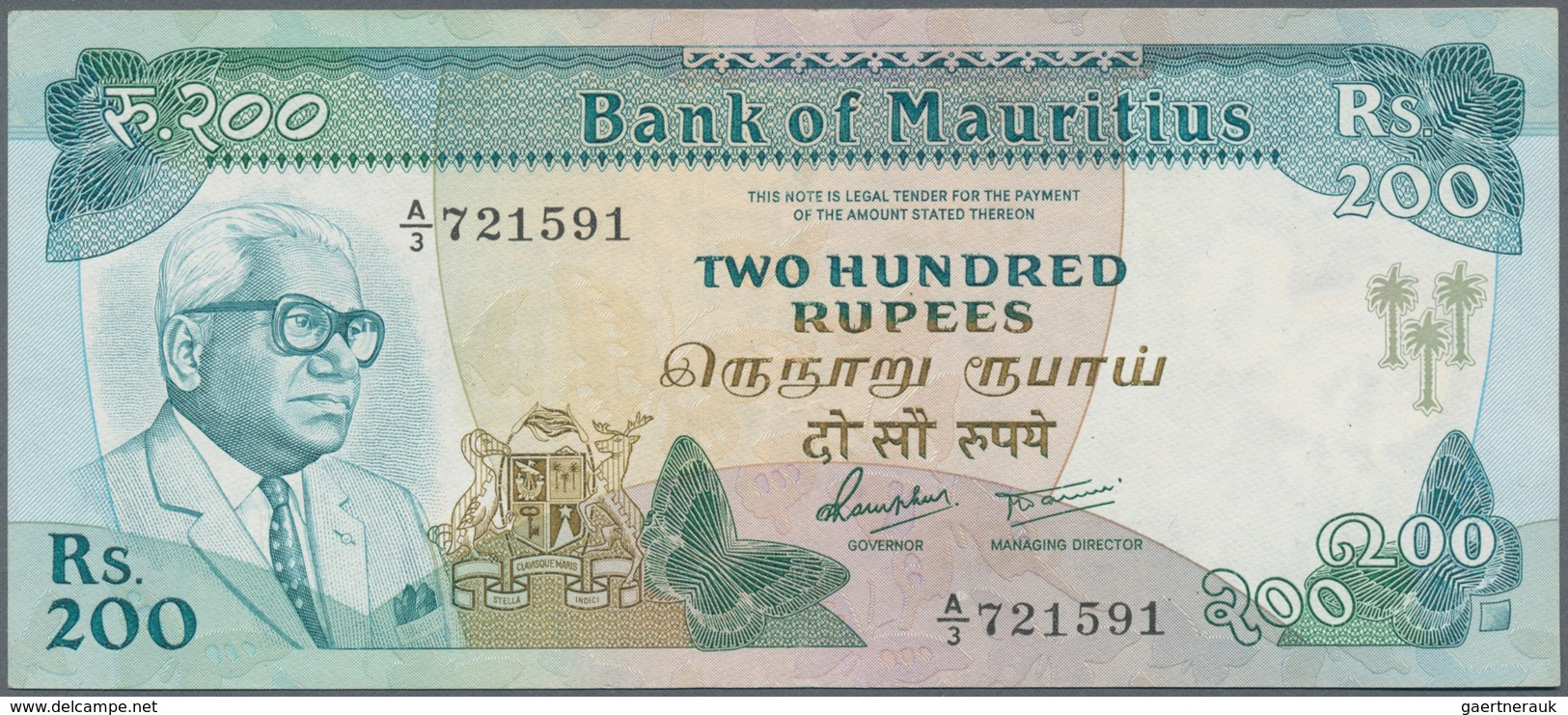 Mauritius: Pair With 500 Rupees ND(1988) P.40b (VF+) And 200 Rupees ND(1985) P.39 (UNC). (2 Pcs.) - Mauricio