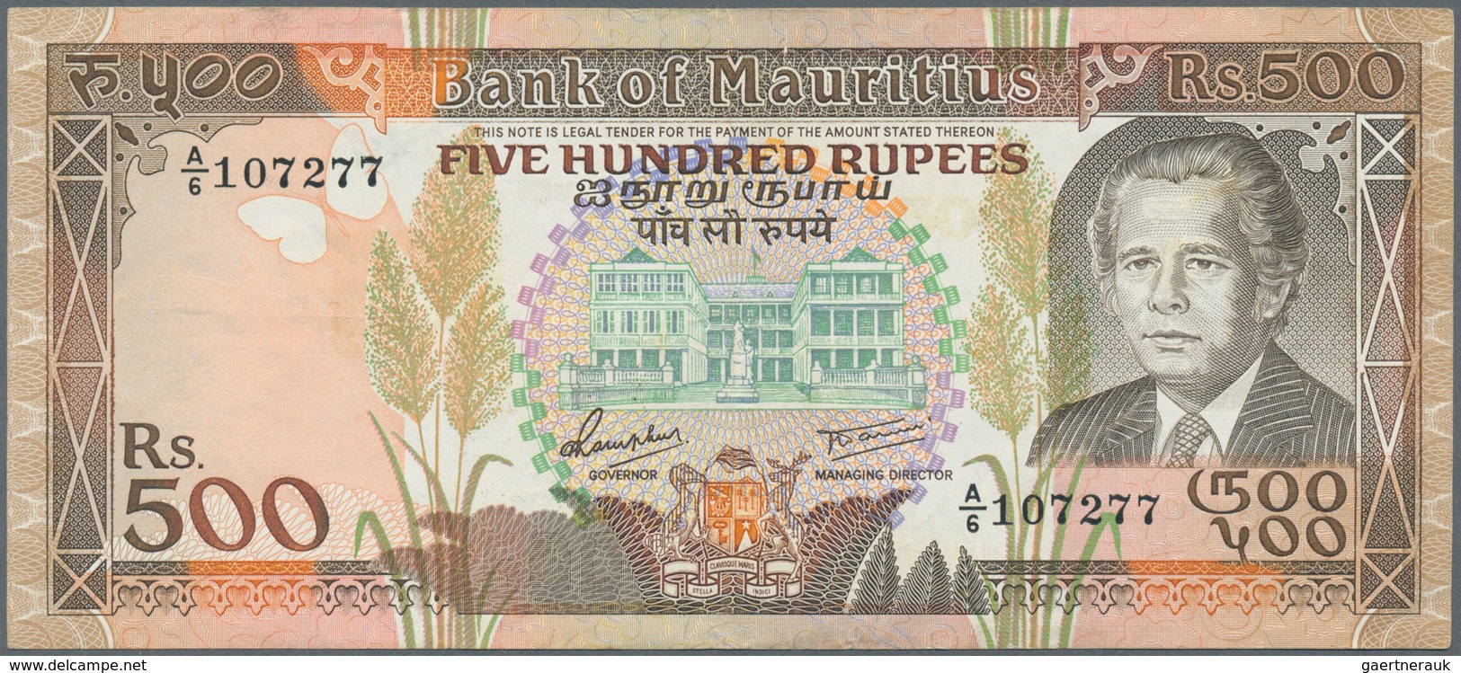 Mauritius: Pair With 500 Rupees ND(1988) P.40b (VF+) And 200 Rupees ND(1985) P.39 (UNC). (2 Pcs.) - Mauricio