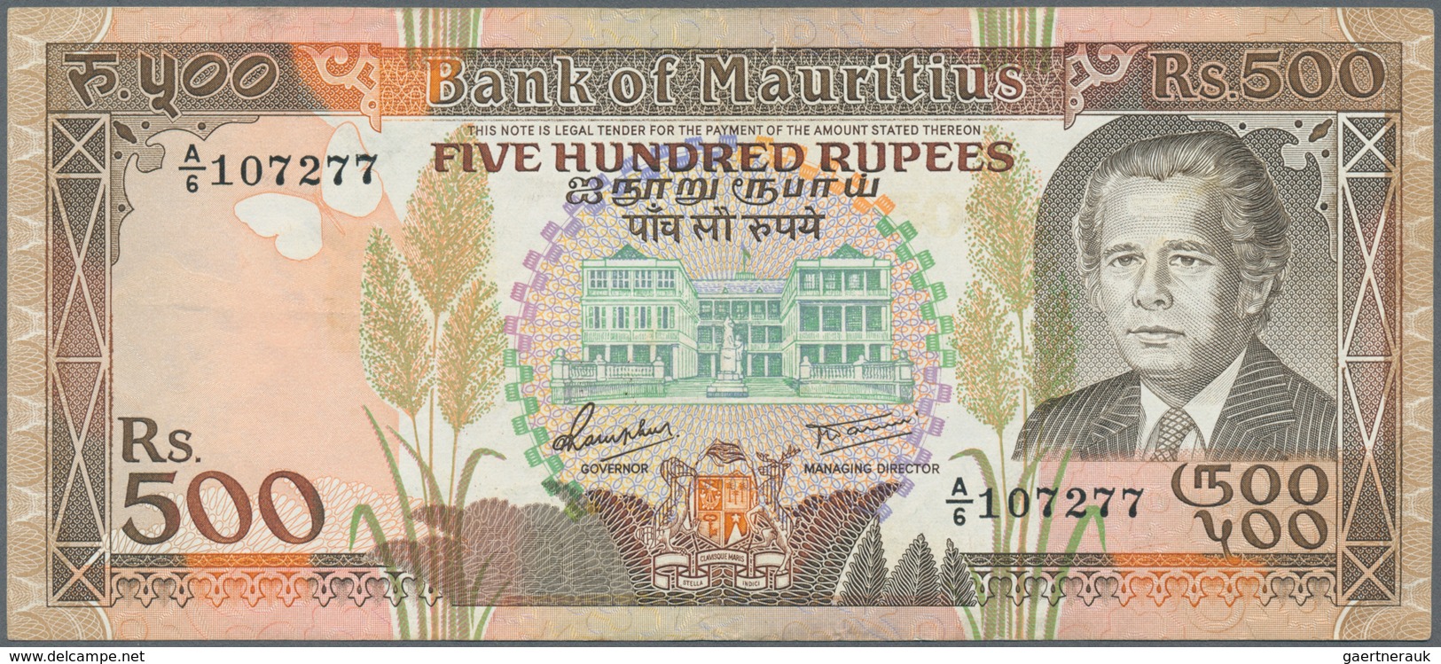Mauritius: Pair With 500 Rupees ND(1988) P.40b (VF+) And 200 Rupees ND(1985) P.39 (UNC). (2 Pcs.) - Mauritius
