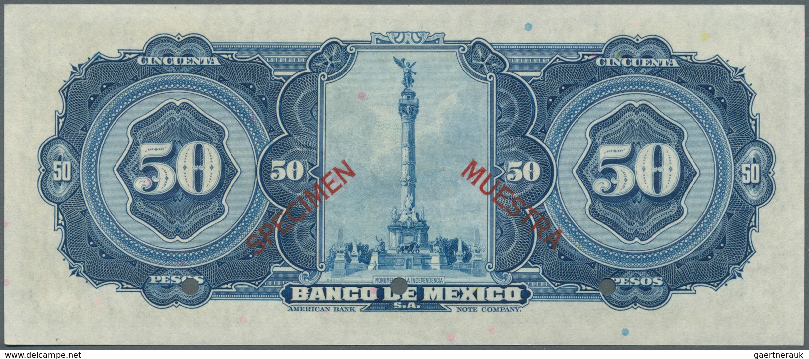 Mexico: 50 Pesos 1941 Specimen P. 41s, 3 Cancellation Holes, Zero Serial Numbers, Specimen Overprint - México