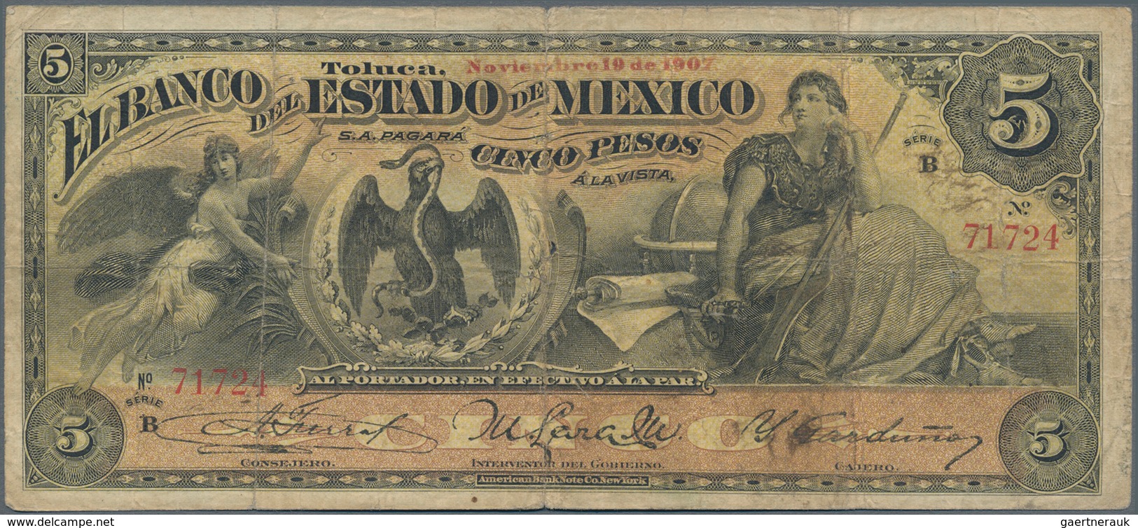 Mexico: Banco Del Estado De México 5 Pesos 1907, P.S329c, Almost Well Worn Condition With Small Bord - Mexiko