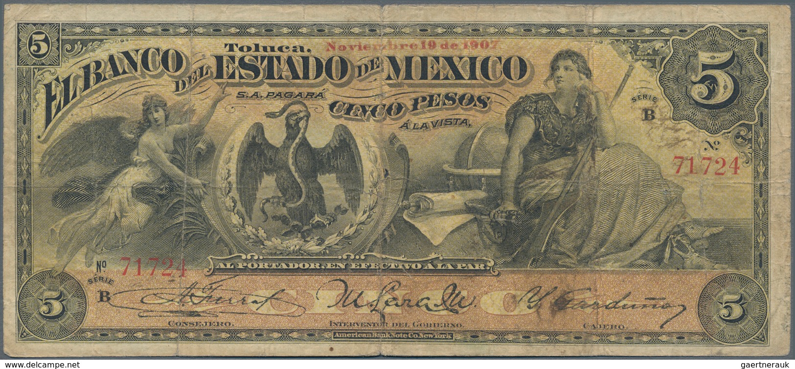 Mexico: Banco Del Estado De México 5 Pesos 1907, P.S329c, Almost Well Worn Condition With Small Bord - Mexico