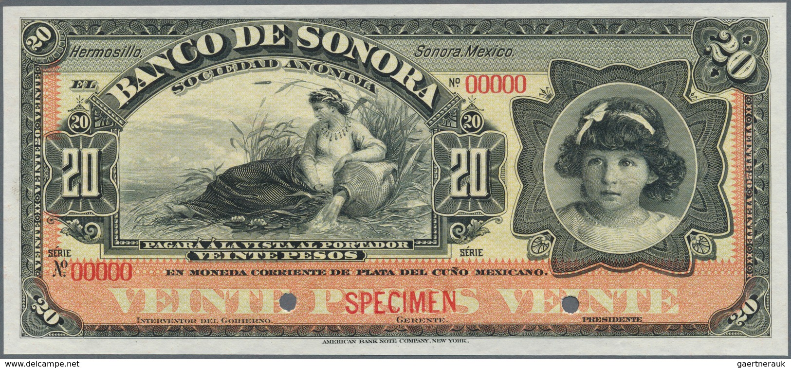 Mexico: El Banco De Sonora 20 Pesos 1899-1911 SPECIMEN, P.S421s, Punch Hole Cancellation And Red Ove - México