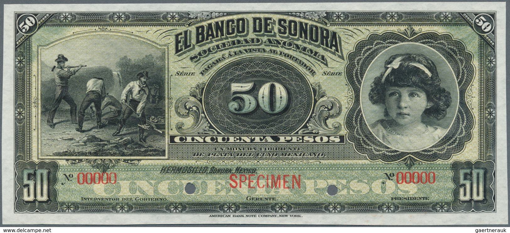 Mexico: El Banco De Sonora 50 Pesos 1899-1911 SPECIMEN, P.S422s, Punch Hole Cancellation And Red Ove - Mexiko