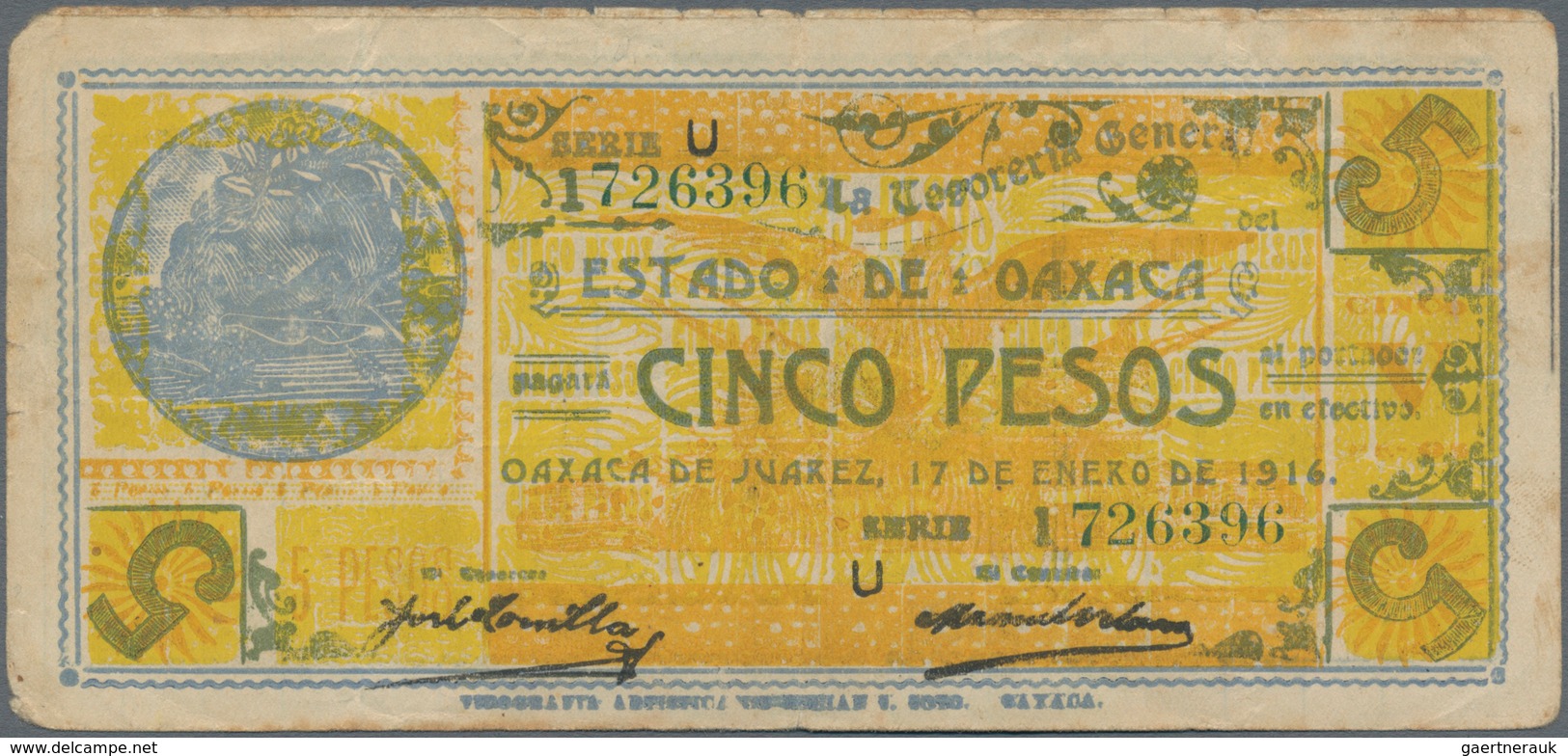 Mexico: Tesorería General Del Estado De Oaxaca Pair With 5 Pesos 1915, 1916, P.S593e, S954 In F/VF C - Mexiko