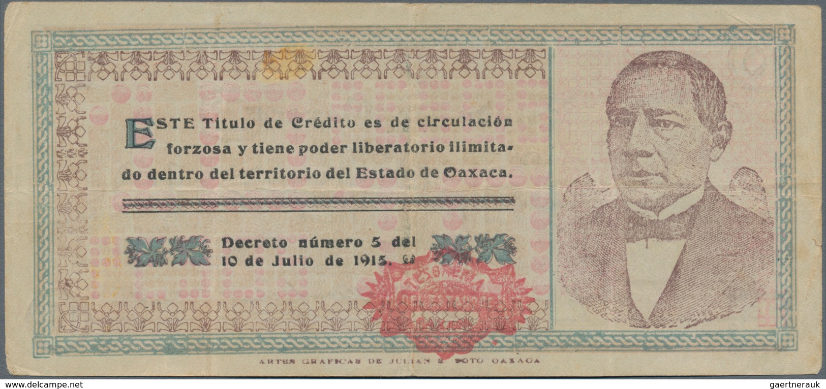 Mexico: Tesorería General Del Estado De Oaxaca 10 Pesos 1915, P.S957a In About XF Condition. - México