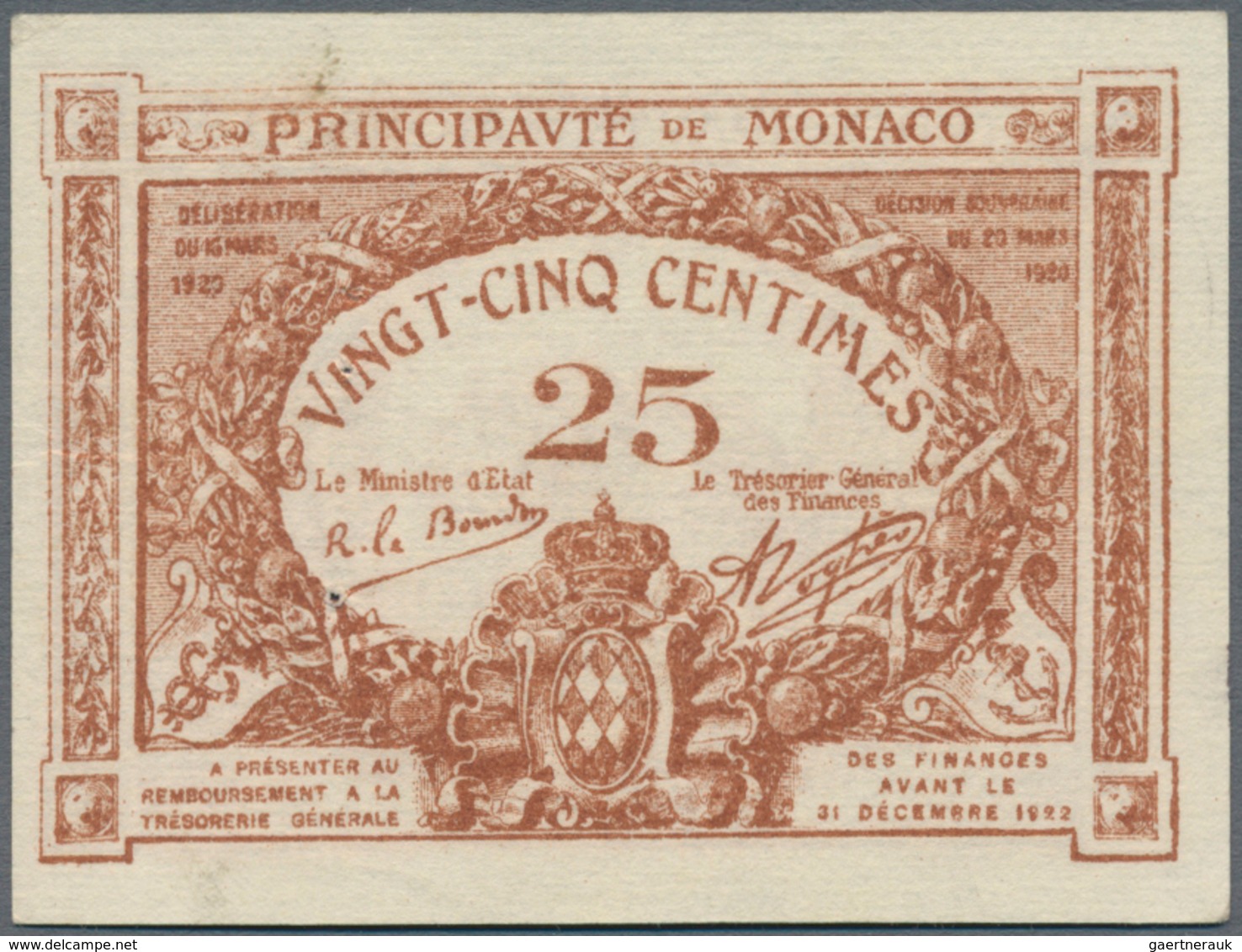 Monaco: Principauté De Monaco 25 Centimes 1920, P.1a, Almost Perfect Condition, Completely Unfolded, - Mónaco