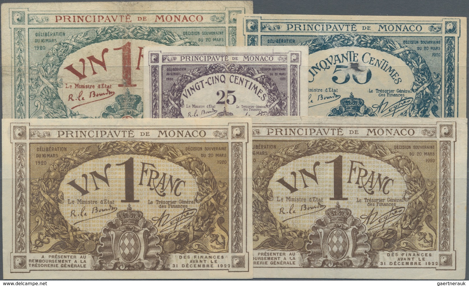 Monaco: Principauté De Monaco Set With 5 Banknotes Comprising 25 Centimes P.2a (F+), 50 Centimes P.3 - Monaco
