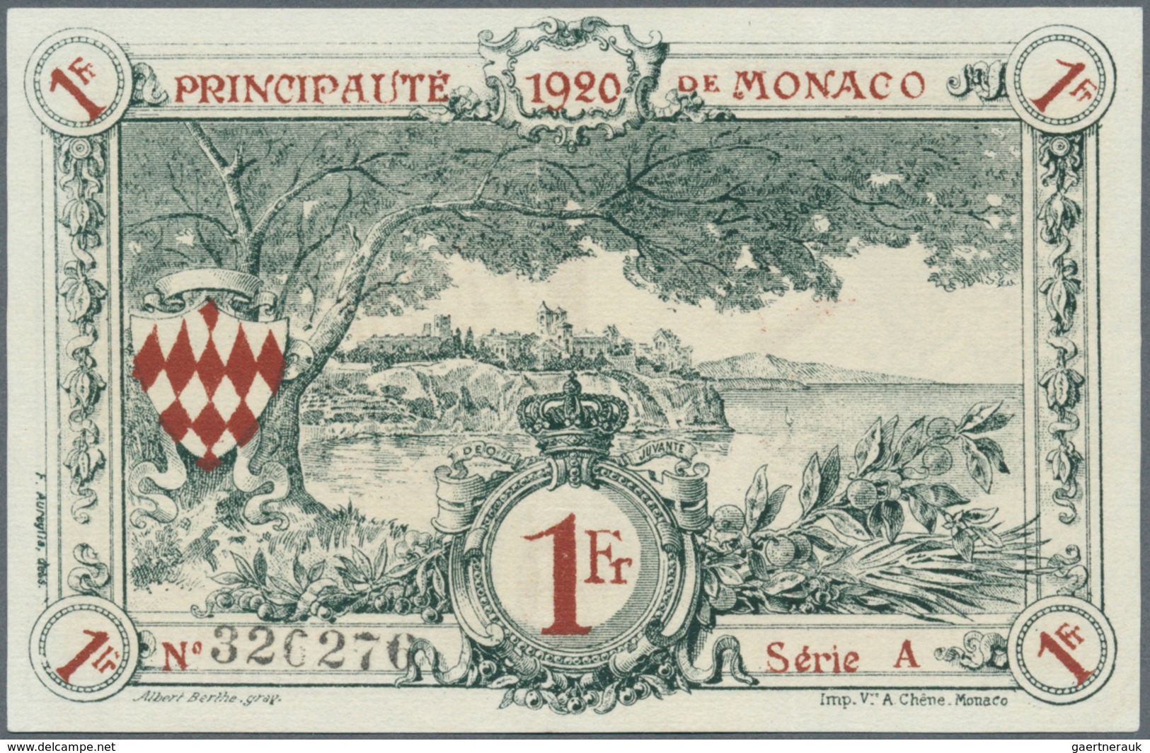 Monaco: 1 Franc 31.12.1922 P- 5. Principavte De Monaco, S/N #326276 Serie A, With Crisp Original Pap - Monaco