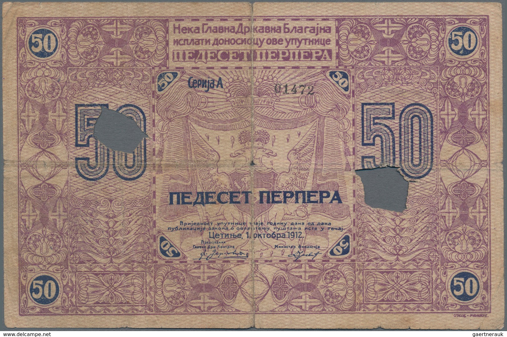 Montenegro: Ministry Of Finance 50 Perpera 1912 With Punch Hole Canecellation, P.5b, Larger Border T - Andere - Europa