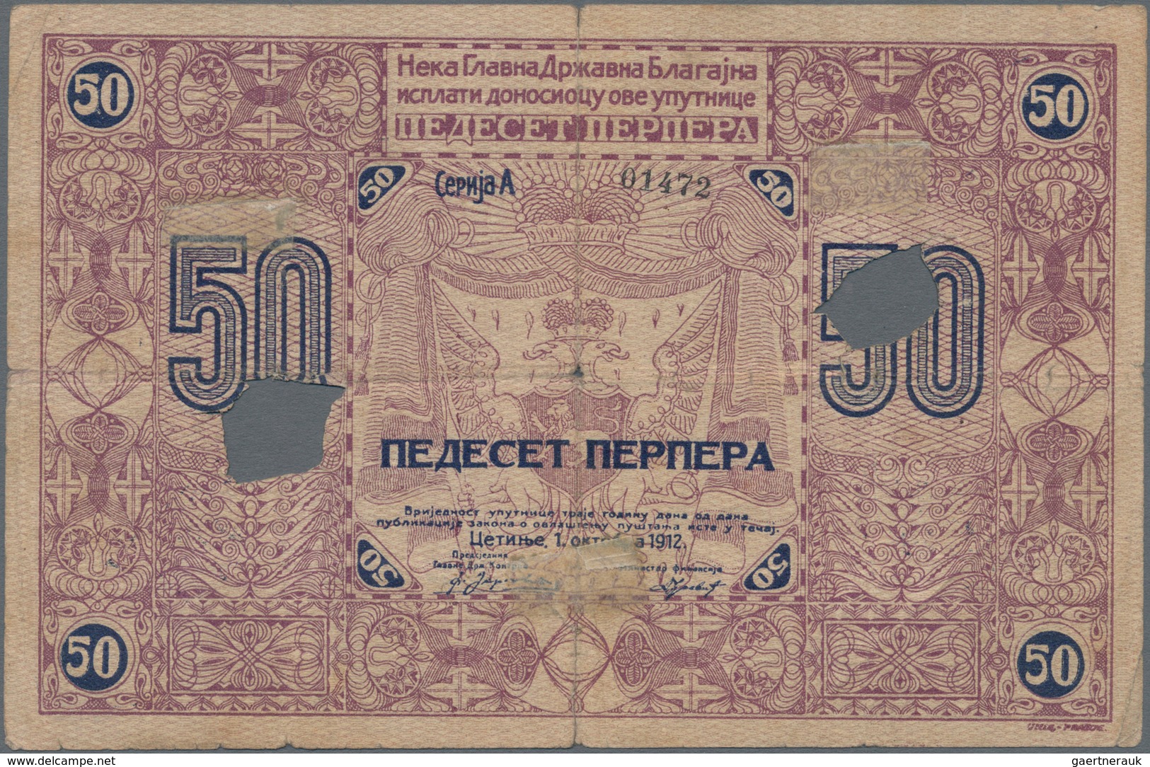 Montenegro: Ministry Of Finance 50 Perpera 1912 With Punch Hole Canecellation, P.5b, Larger Border T - Sonstige – Europa