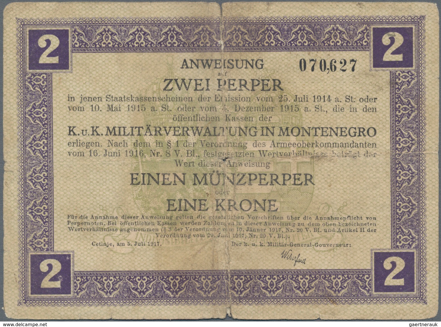 Montenegro: K.u.K. Militärverwaltung in Montenegro, set with 7 banknotes of the 1917 "Münzperper" Co