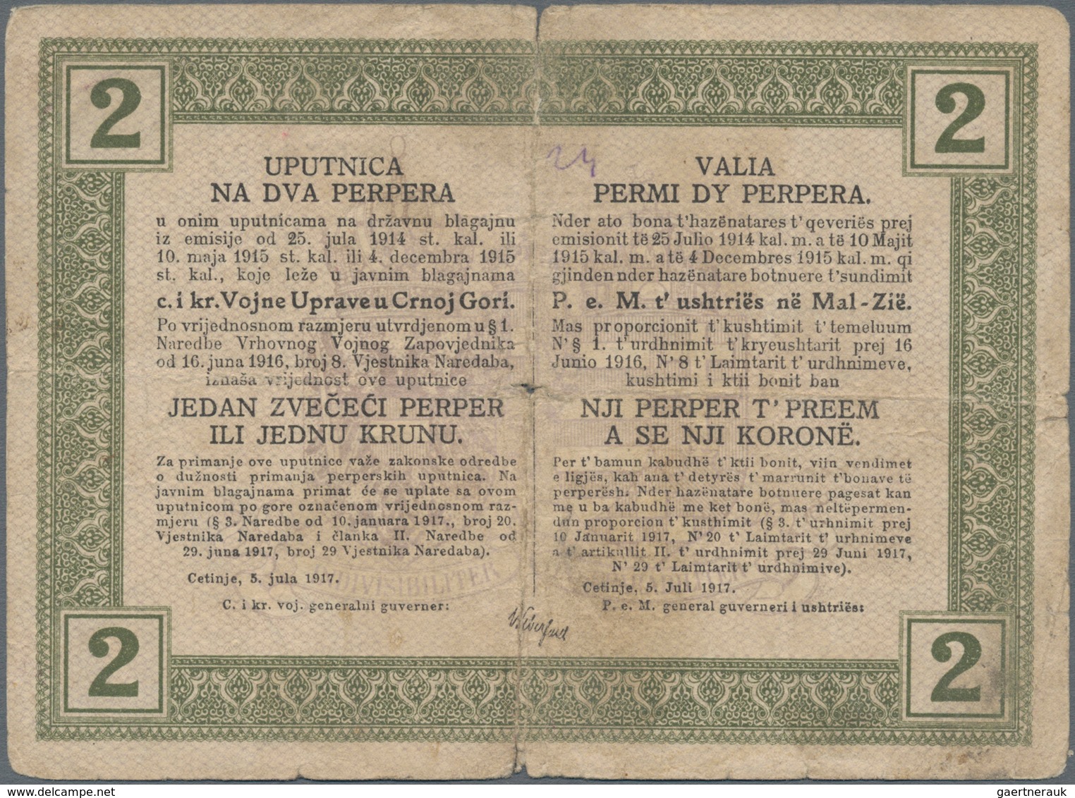 Montenegro: K.u.K. Militärverwaltung in Montenegro, set with 7 banknotes of the 1917 "Münzperper" Co