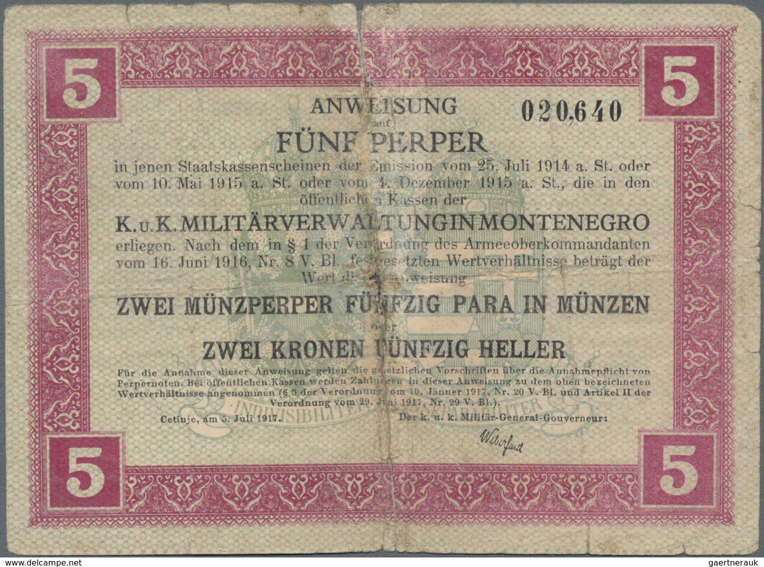 Montenegro: K.u.K. Militärverwaltung in Montenegro, set with 7 banknotes of the 1917 "Münzperper" Co