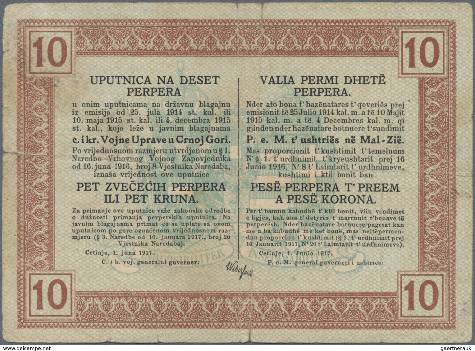 Montenegro: K.u.K. Militärverwaltung in Montenegro, set with 7 banknotes of the 1917 "Münzperper" Co