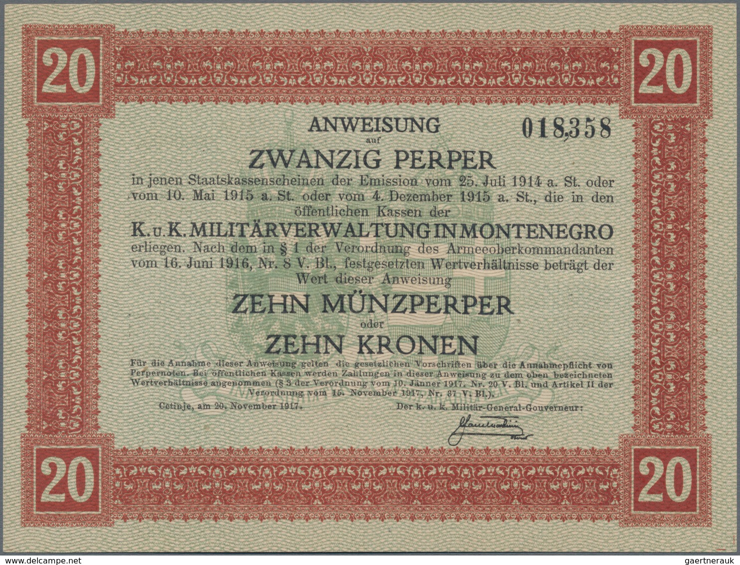 Montenegro: K.u.K. Militärverwaltung in Montenegro, set with 7 banknotes of the 1917 "Münzperper" Co