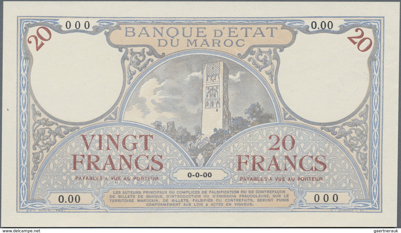 Morocco / Marokko:  Banque D'État Du Maroc 20 Francs 1920-26 Front Proof SPECIMEN, P.12s In Perfect - Marruecos