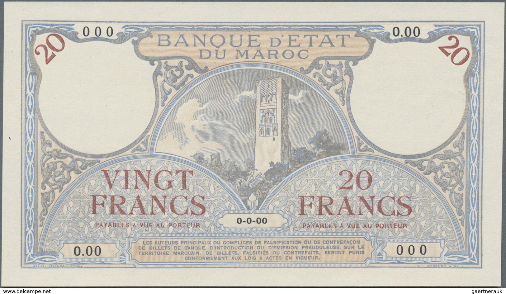 Morocco / Marokko:  Banque D'État Du Maroc 20 Francs 1920-26 Front Proof SPECIMEN, P.12s In Perfect - Marokko