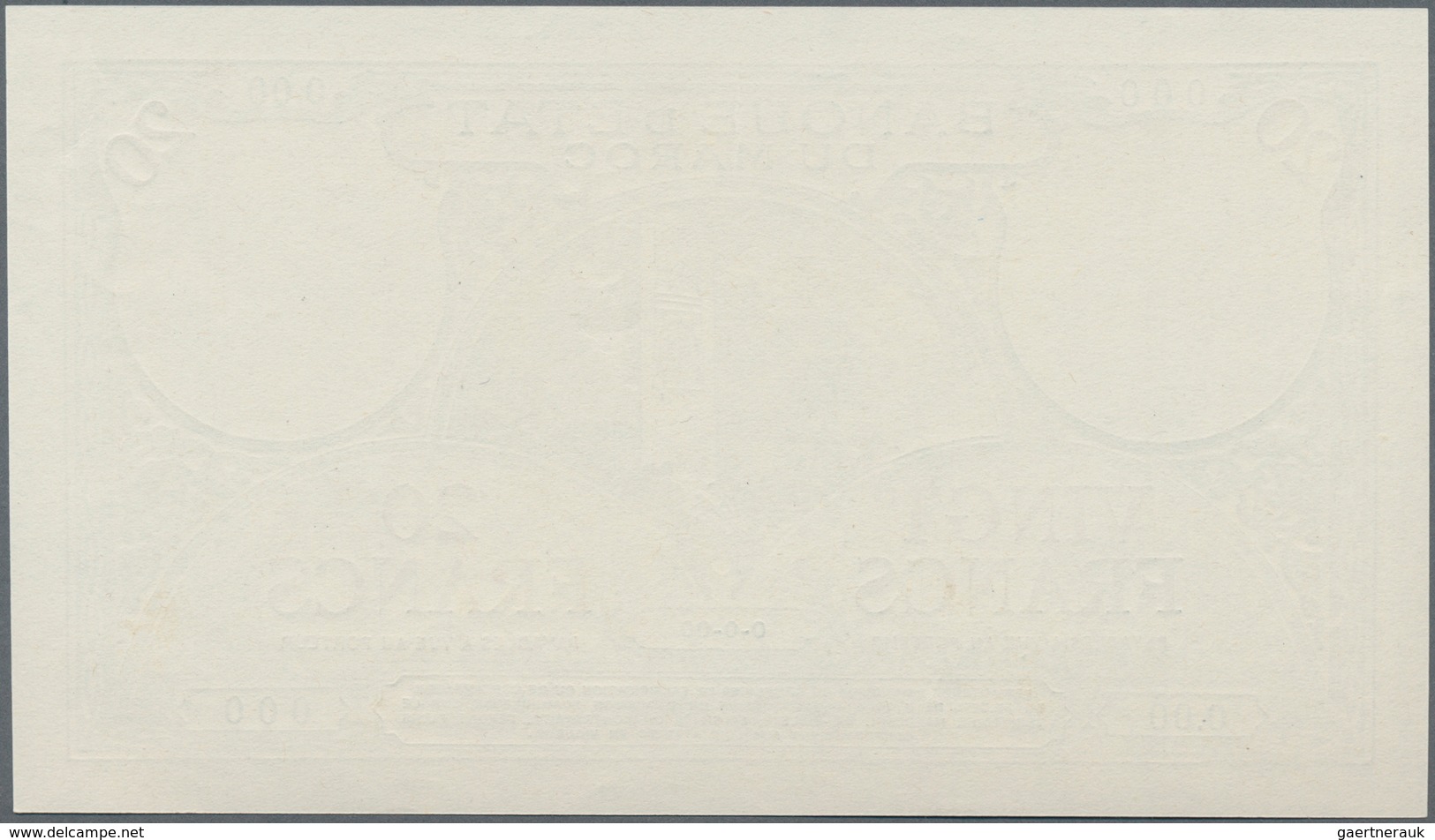 Morocco / Marokko:  Banque D'État Du Maroc 20 Francs 1920-26 Front Proof SPECIMEN, P.12s In Perfect - Marokko