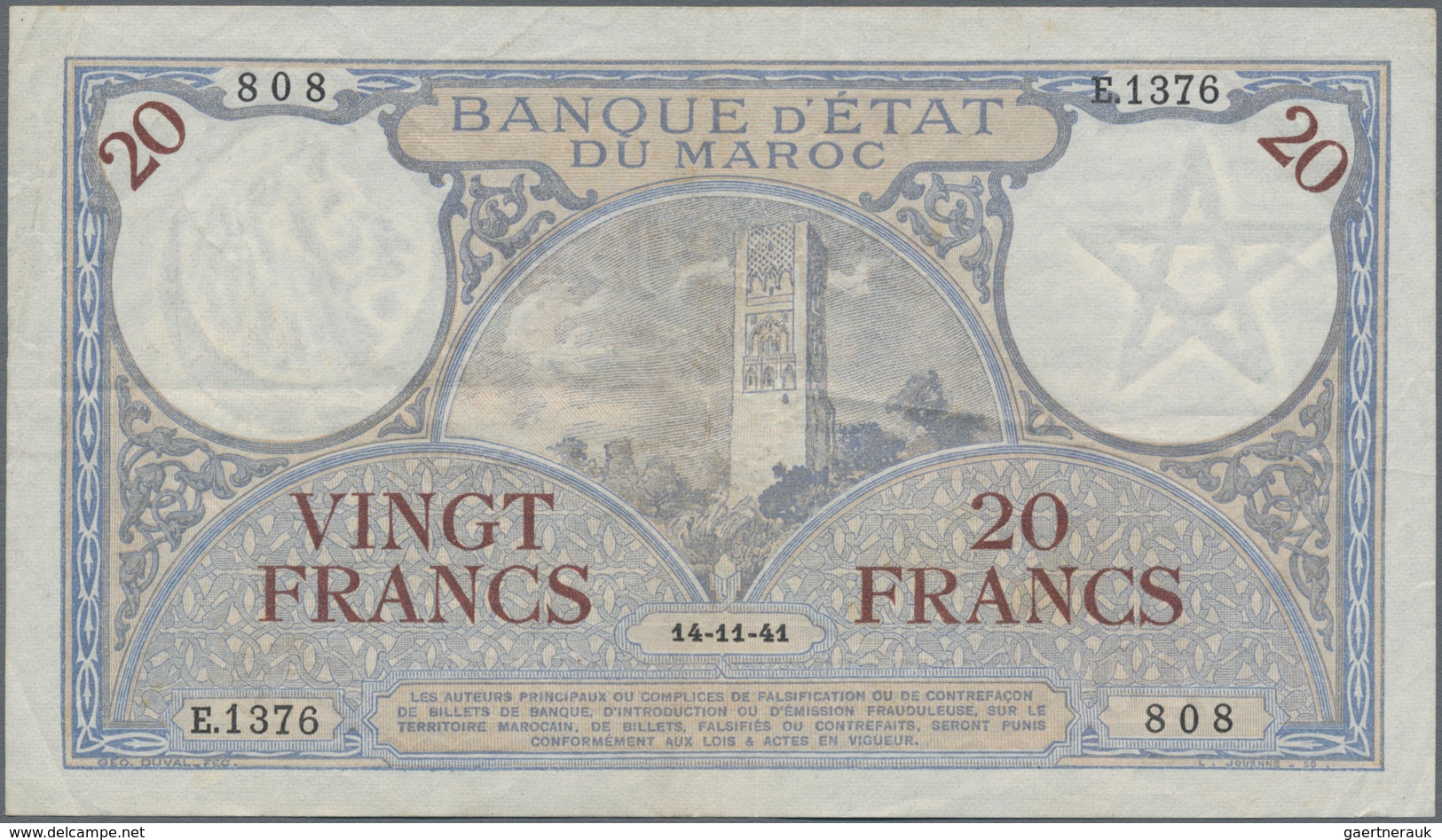 Morocco / Marokko: Banque D'État Du Maroc 20 Francs 1941, P.18b, Some Minor Folds And Creases And A - Maroc