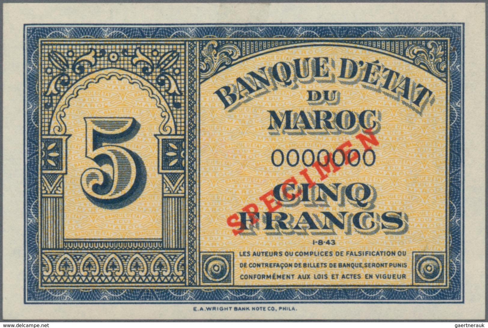 Morocco / Marokko: Banque D'État Du Maroc, Highly Rare Specimen Set With 5 Francs 1943 Specimen P.24 - Marokko