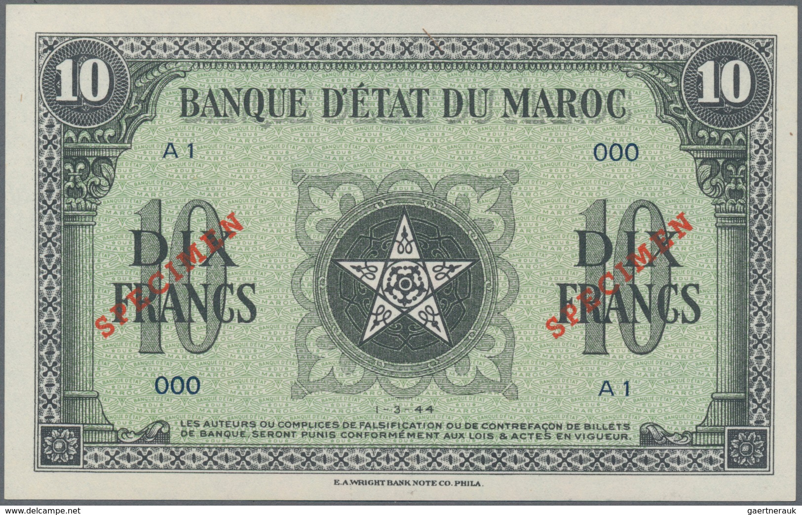 Morocco / Marokko: Banque D'État Du Maroc, Highly Rare Specimen Set With 5 Francs 1943 Specimen P.24 - Marokko