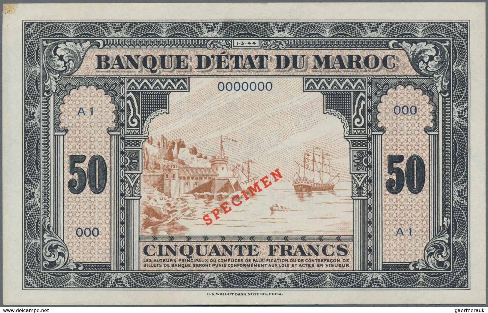 Morocco / Marokko: Banque D'État Du Maroc, Highly Rare Specimen Set With 5 Francs 1943 Specimen P.24 - Marokko