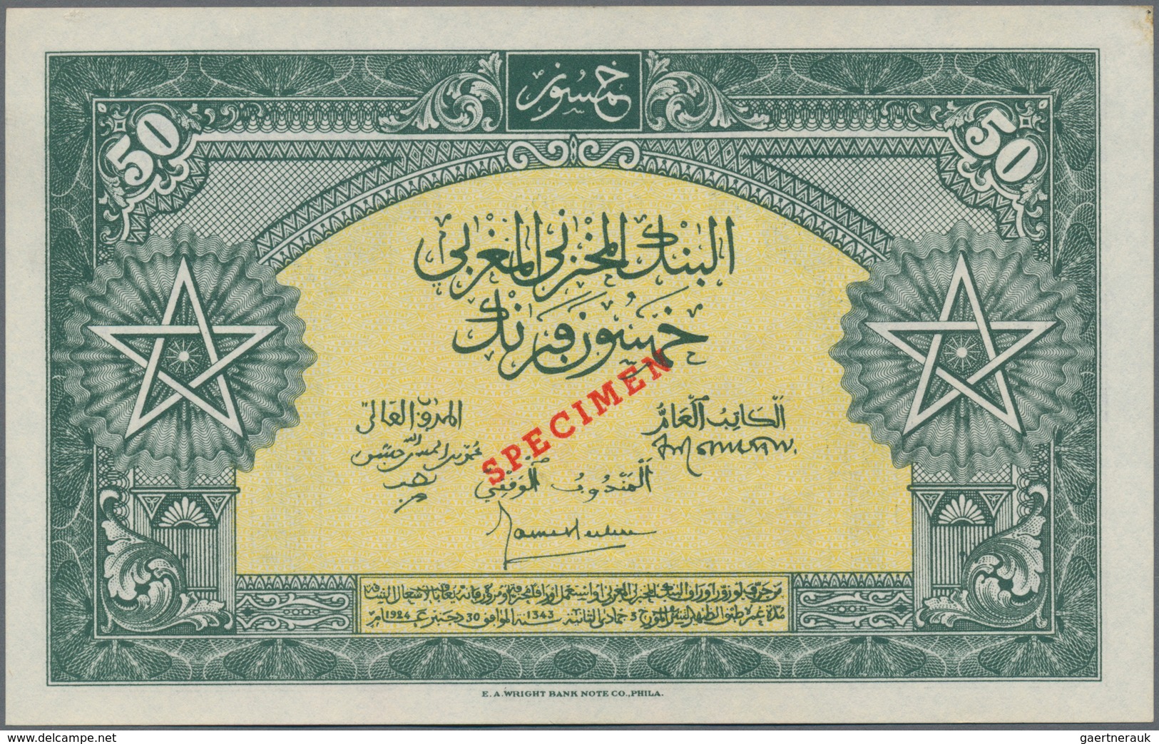 Morocco / Marokko: Banque d'État du Maroc, highly rare Specimen set with 5 Francs 1943 Specimen P.24