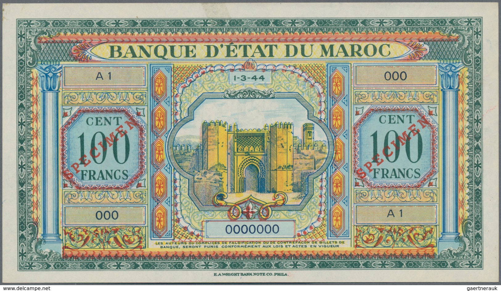 Morocco / Marokko: Banque d'État du Maroc, highly rare Specimen set with 5 Francs 1943 Specimen P.24