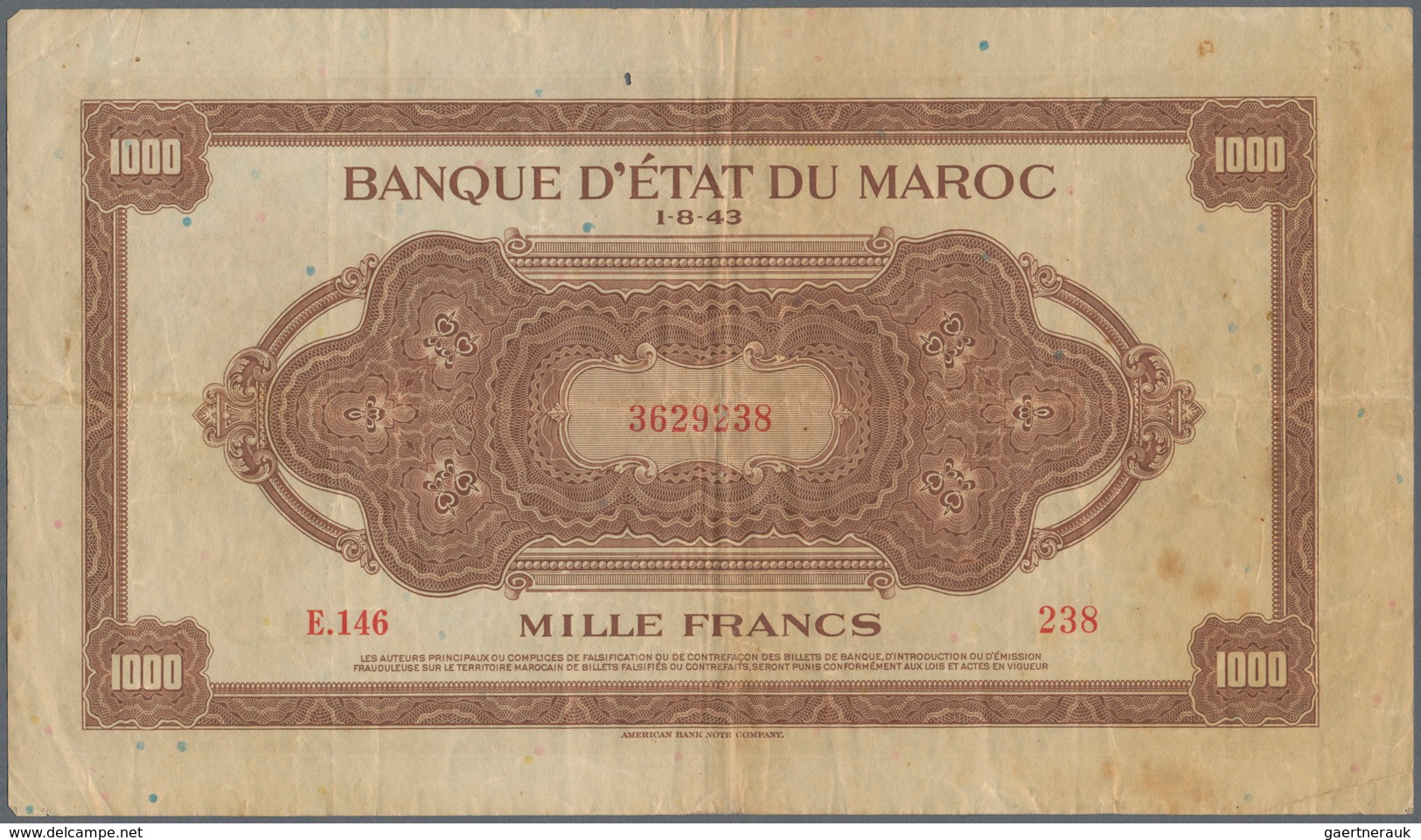 Morocco / Marokko: Set Of 2 Notes 1000 Francs 1943 P. 28, Both In Similar Condition With Folds And C - Marruecos