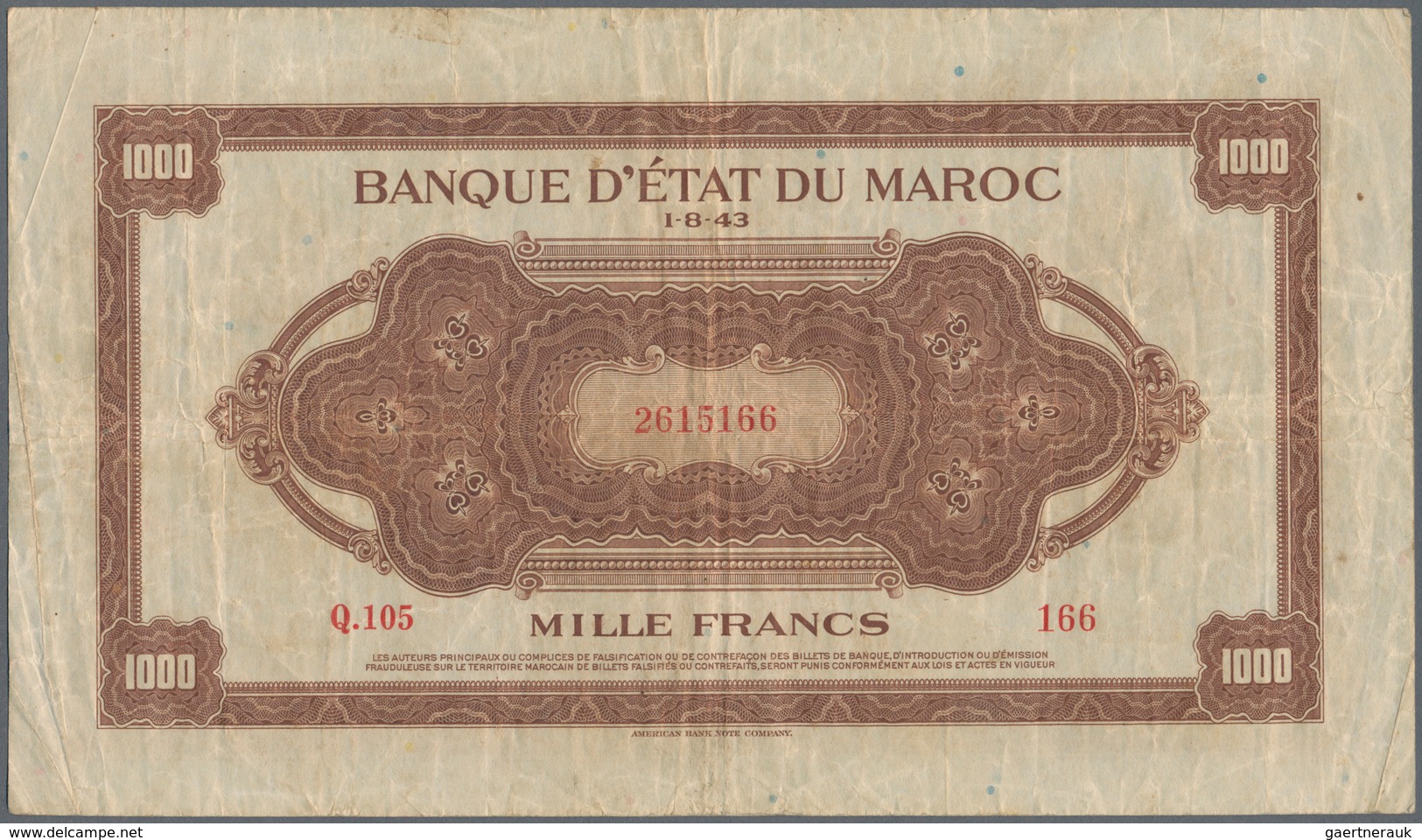 Morocco / Marokko: Set Of 2 Notes 1000 Francs 1943 P. 28, Both In Similar Condition With Folds And C - Marruecos