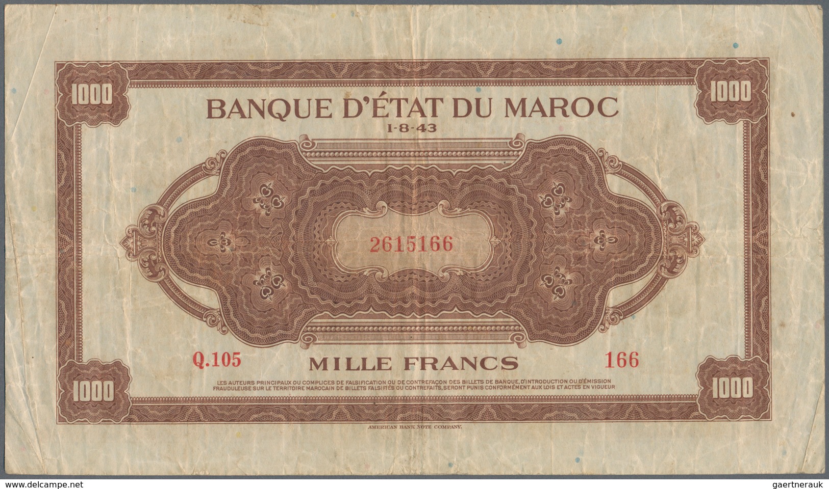 Morocco / Marokko: Set Of 2 Notes 1000 Francs 1943 P. 28, Both In Similar Condition With Folds And C - Marokko