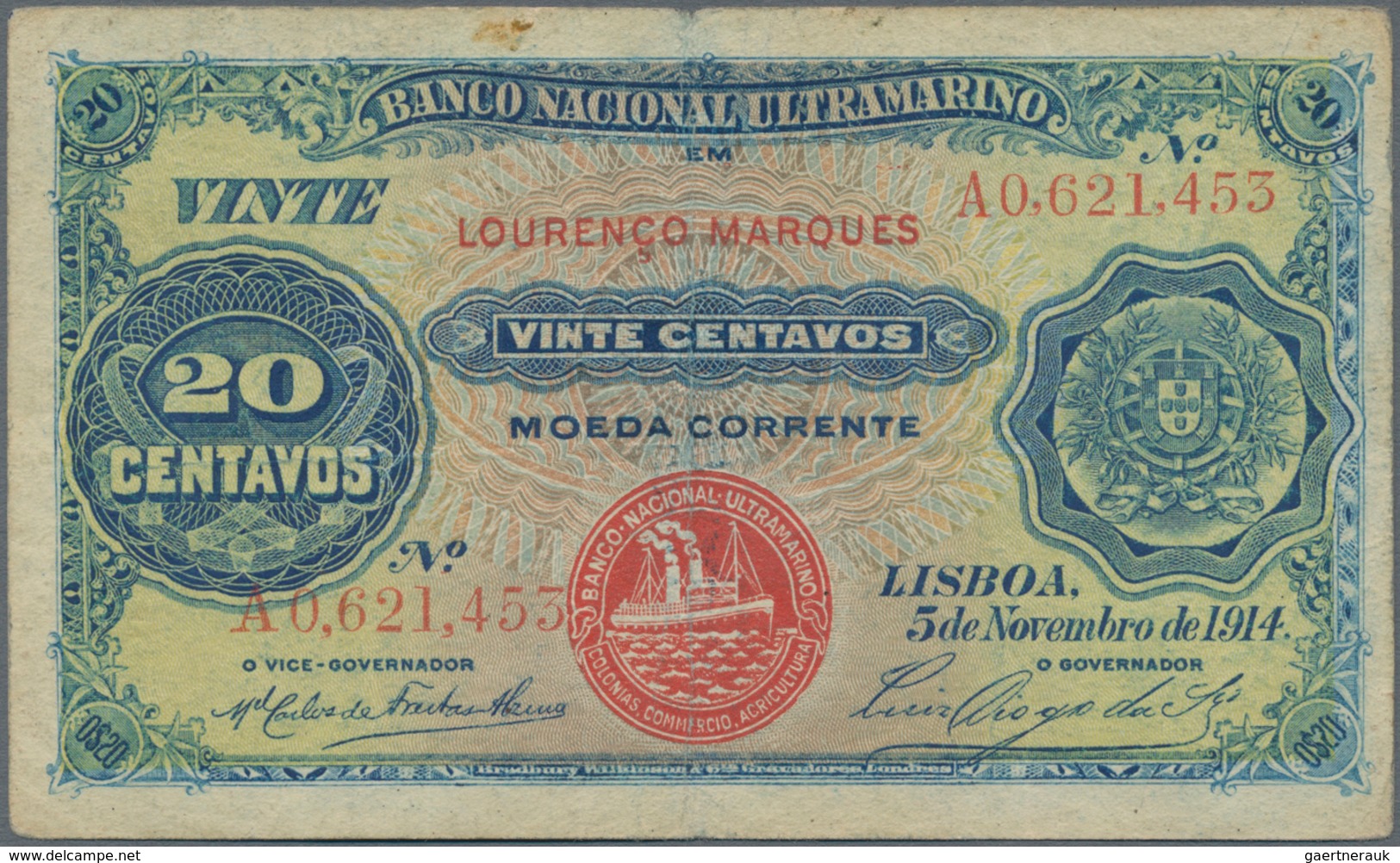 Mozambique: Banco Nacional Ultramarino – „Lourenco Marques“ 20 Centavos 1914, P.60 Stronger Fold At - Moçambique