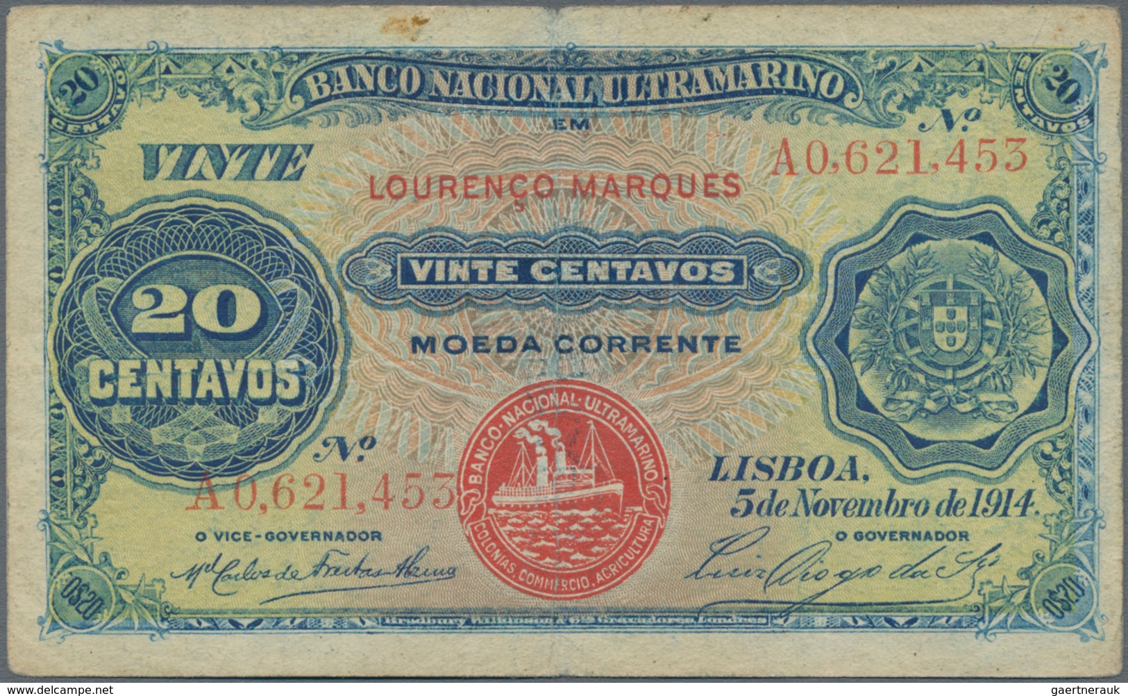 Mozambique: Banco Nacional Ultramarino – „Lourenco Marques“ 20 Centavos 1914, P.60 Stronger Fold At - Mozambique