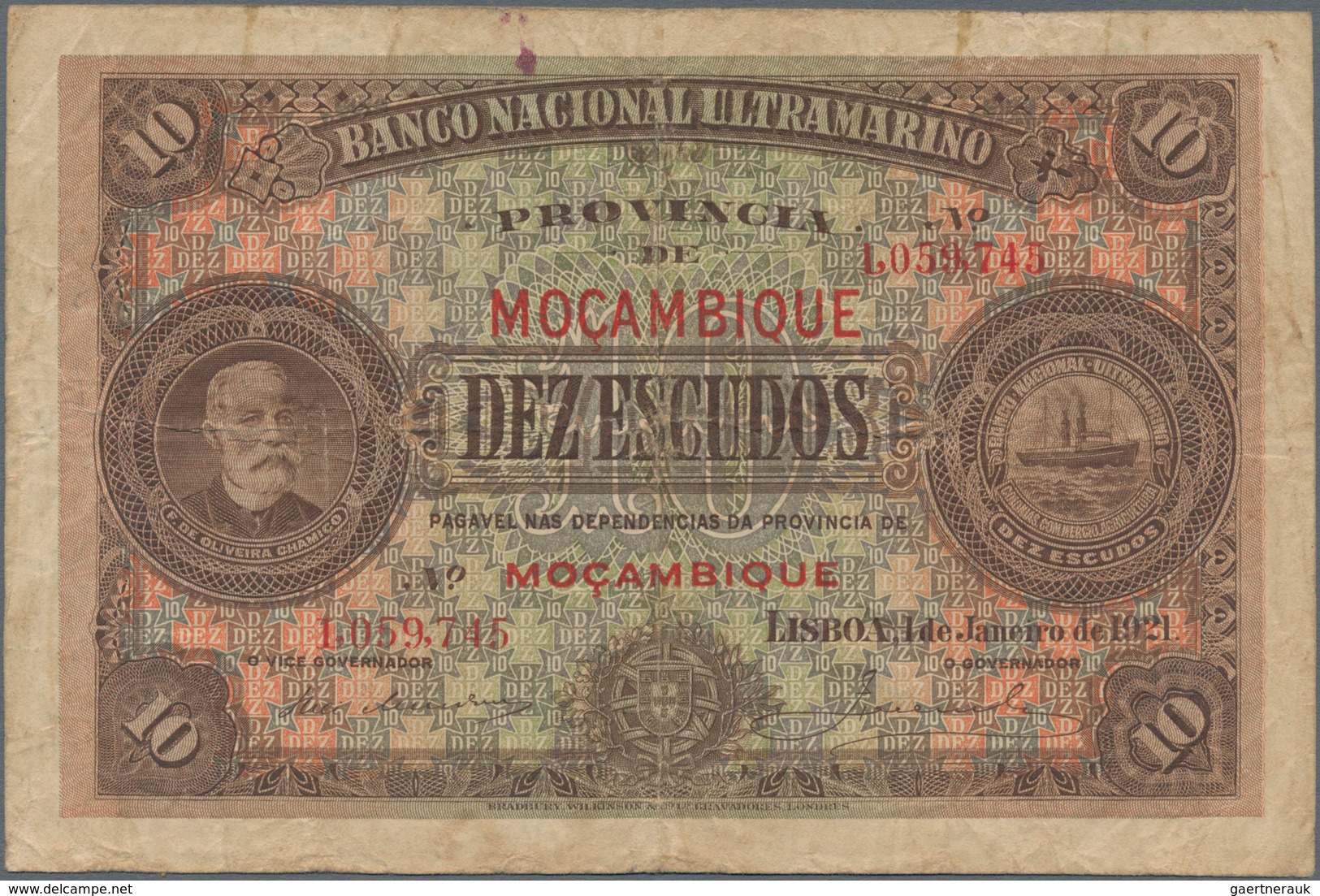 Mozambique: Banco Nacional Ultramarino - Provincia De Mocambique 10 Escudos 1921 Without Text "DECRE - Mozambique