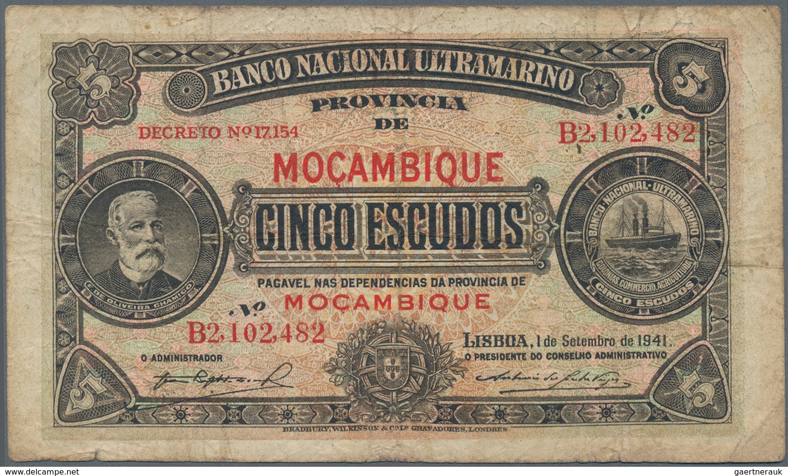 Mozambique: Banco Nacional Ultramarino 5 Escudos 1941, P.83, Small Border Tears And Lightly Toned Pa - Moçambique